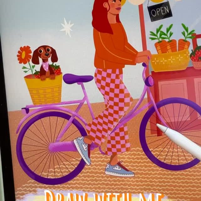 ✨ Draw with me ✍️ Une femme à vélo, son chien en passager VIP, et une mission : aller chercher de quoi régaler tout le monde à l’épicerie du coin 🧺🐶 Oui, même les croquettes peuvent être locales 😄 Et toi, tu montes à bord de l’illustration ?

#drawwithme #illustrationdujour #frenchillustrator #dessin #localvibes #slowlife #artreel #femaledesigner #dogmomlife #colorfullife #illustratricefreelance #digitalartist #procreateillustration