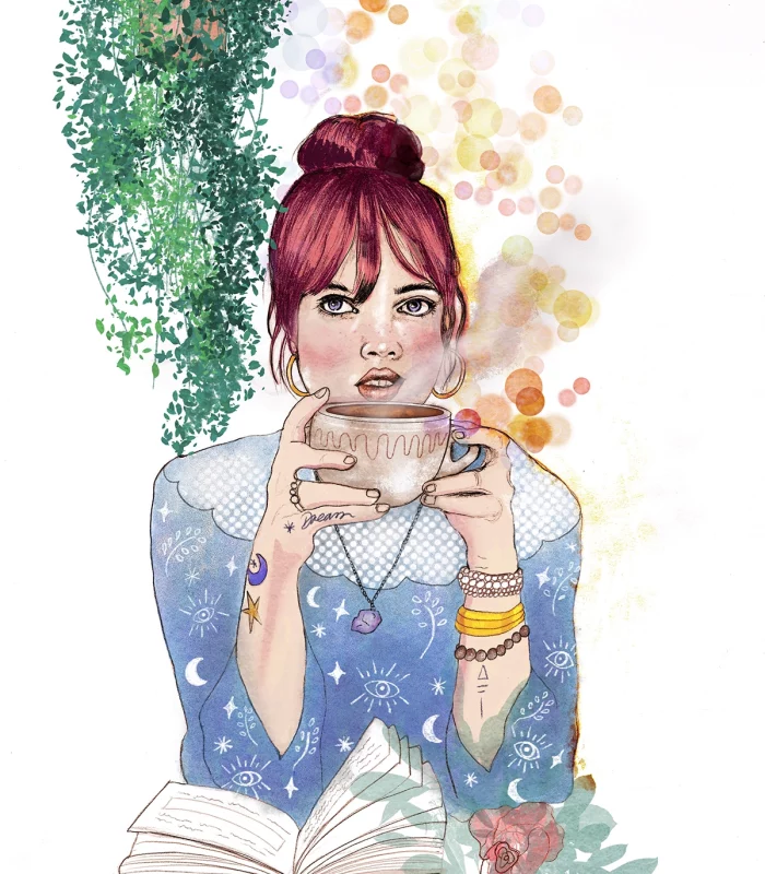 illustration d'une femme busant un café
